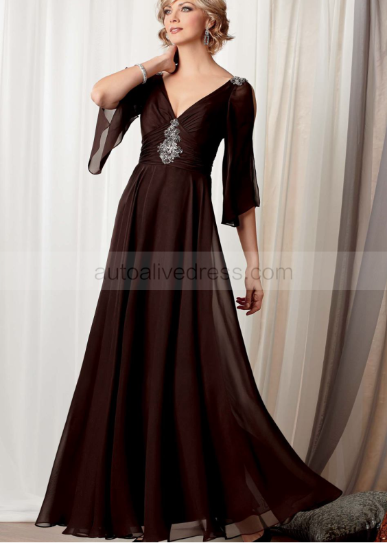 Elbow Sleeves Beaded Chocolate Chiffon Mother Dress